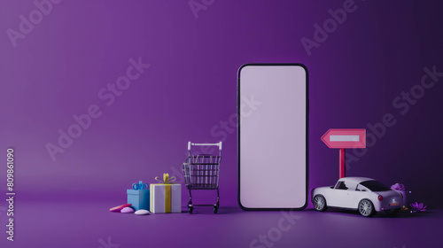 Phone on a dark purple studio backdrop, perfect for showcasing shopping technology. AI generative technology refines studio product imagery. photo
