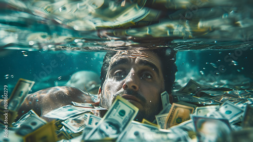 The deep dive into debt. A man submerged under a sea of money, symbolizing the suffocation and drowning effect of debt slavery in todays financially troubled society photo