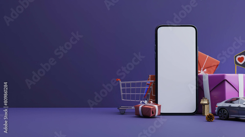 Studio shot with dark purple background highlighting phone for online shopping. AI generative enriches retail technology photography. photo