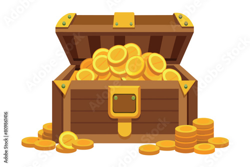 A wooden chest brimming with golden coins suggests hidden pirate bounty