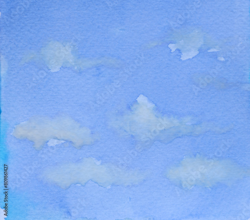 Watercolor blue sky background with clouds. Hand painted illustration 