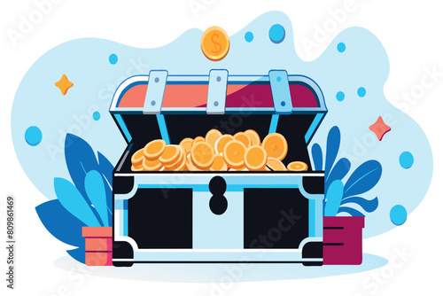 An open treasure chest filled with golden coins, flanked by plants