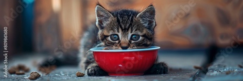 Cat asks for food, eats dry food, kitten with bowl portrait, feed time, unhappy cat has monotonous