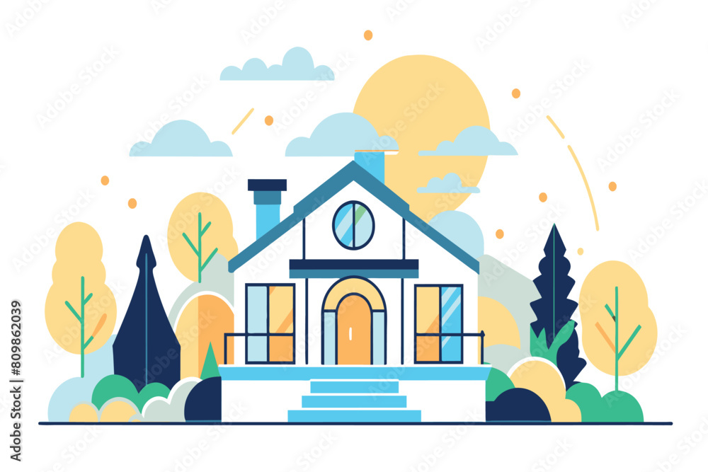 Sunset casts a warm glow on a charming suburban home and its vibrant garden Sunset casts a warm glow on a charming suburban home and its vibrant garden