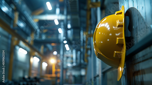 Yellow safety helmet in a warehouse. Industrial background. 