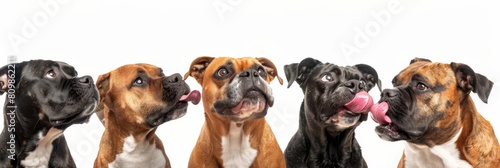 Hungry dogs group isolated, pets licking its lips with tongue out, waiting for eat, begging food on white photo