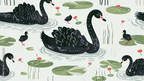 Seamless pattern with black swans and brood of cygnet