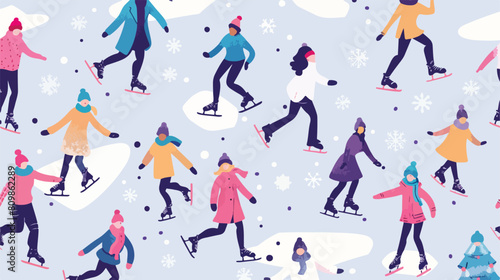 Ice rink seamless pattern. People skating on winter h