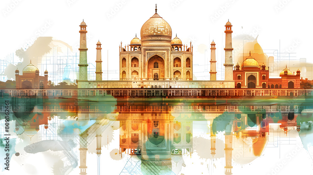The seamless blend of warm tones and watercolor textures brings out the ethereal beauty of the Taj Mahal's reflection
