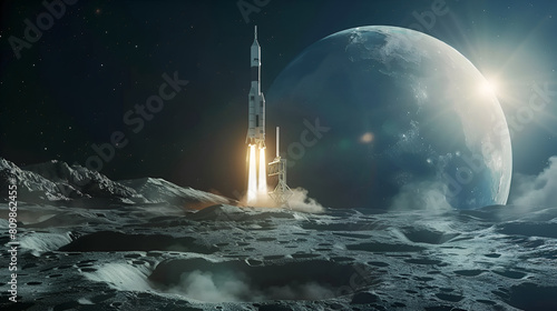 Fototapeta Naklejka Na Ścianę i Meble -  Space rocket lift off into cosmos with smoke and blast on a background of the blue planet earth. Spacecraft flies in space with a starry sky near the planet. Successful start of the mission,
