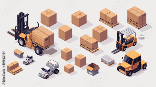 Isometric warehouse forklift. Fork pallet truck and h