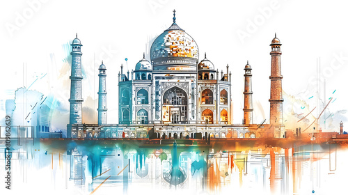A stunning artistic representation of the Taj Mahal with vibrant color splashes giving a modern twist to the historic monument photo