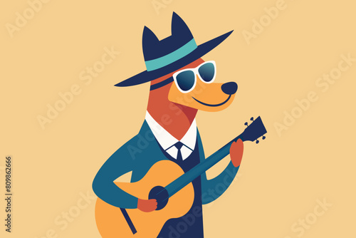 Stylish animated dog strums a tune on his guitar