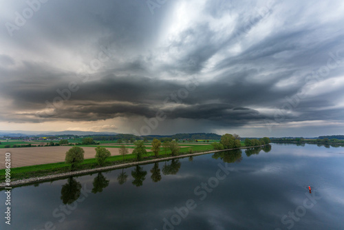 Supercell of a storm cloud over the Danube in the Landreis Straubing-Bogen Bavaria Germany.