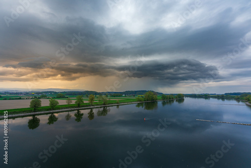 Supercell of a storm cloud over the Danube in the Landreis Straubing-Bogen Bavaria Germany.