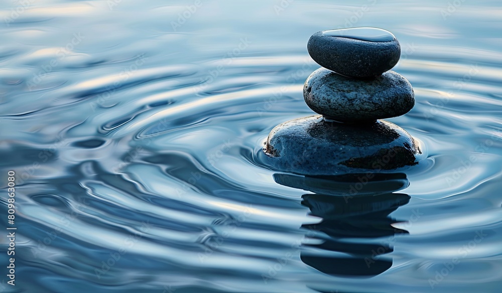 Title: Tranquil spa zen stones on serene water surface Title: Tranquil spa zen stones on serene water surface