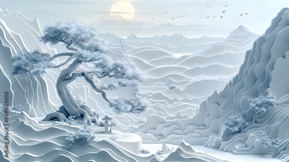 Obraz premium Paper cutting art traditional landscape illustration poster background