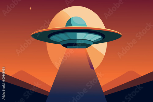 A UFO beams down light over mountains under a twilight sky