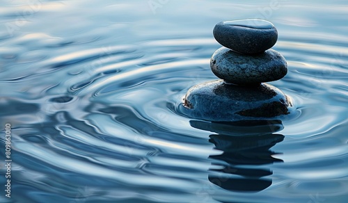 Title  Tranquil spa zen stones on serene water surface