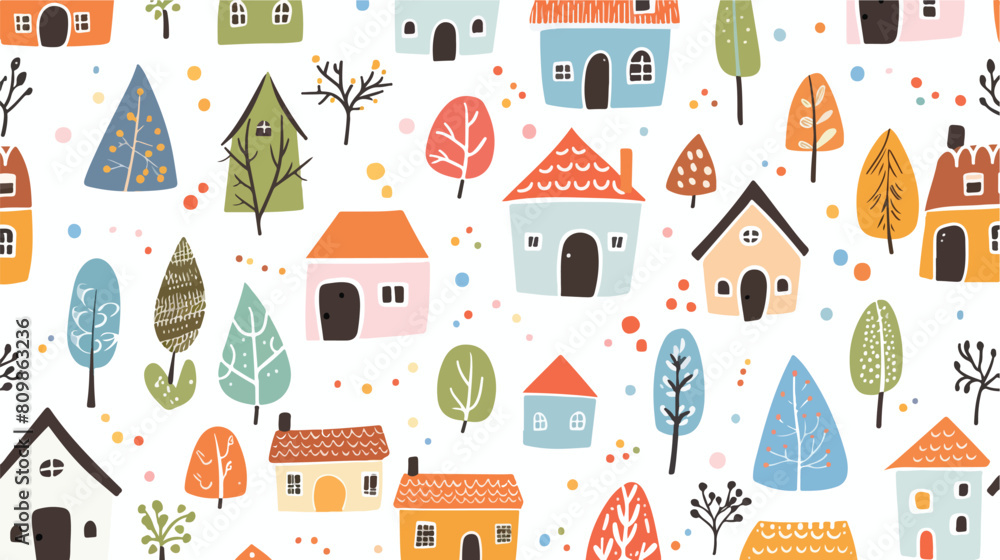 Seamless colorful pattern with houses and trees. Hous