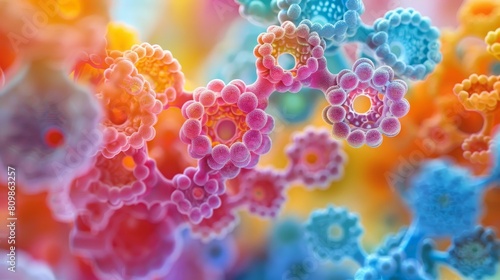Surfactant molecules forming micelles, lowering surface tension in a liquid.
