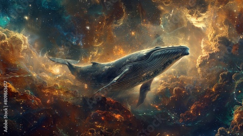 Whale is flying through a colorful  starry sky. The image has a dreamy  ethereal quality  with the whale appearing to be floating effortlessly through the clouds. The colors and shapes of the clouds
