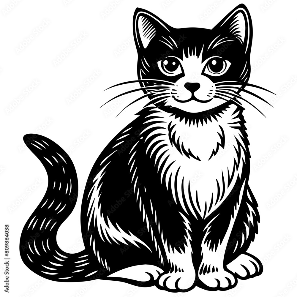 Obraz premium Black and white of a cat, presented in a clear, vector style suitable for various graphic uses.