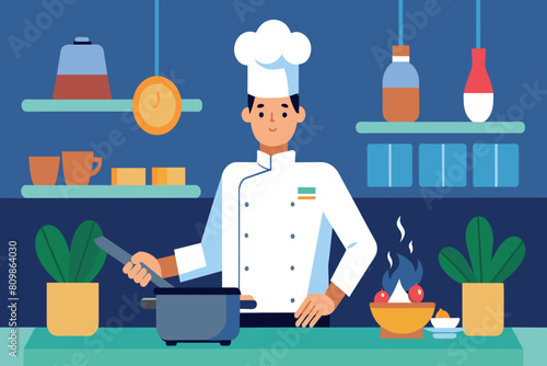 A chef cooks with a pan in a kitchen filled with culinary tools and plants