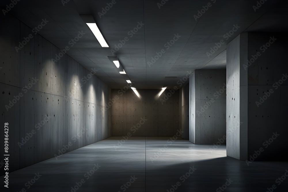 Abstract empty, modern concrete walls hallway room with indirekt ceiling lights in the back - industrial interior background template Generative AI 