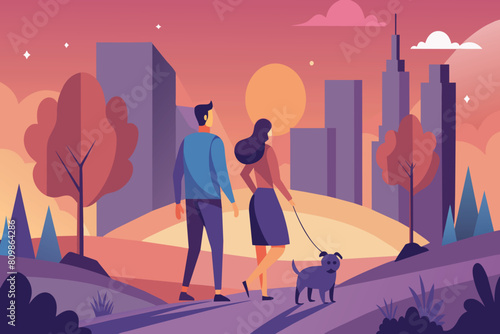 A couple takes a leisurely stroll with their pet dog amidst the warm glow of sunset in an autumnal city setting