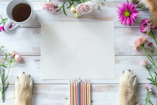 Minimalist setting of white wood with a notepad and dog's foot arranged beautifully. AI generative touch elevates its aesthetic. photo