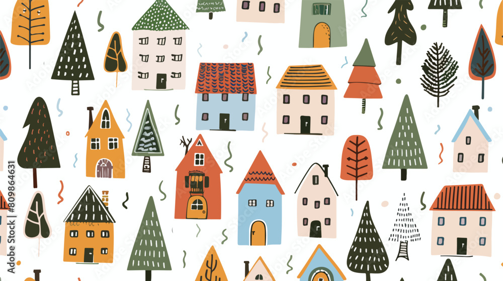 Seamless colorful pattern with houses and trees. Hous