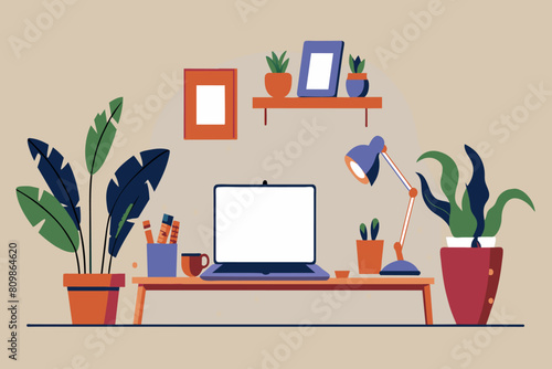 A tidy work desk with a laptop, lamp, and green plants in a cozy room