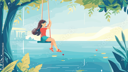 Happy relaxing on rope swings hanging on tree enjoyin