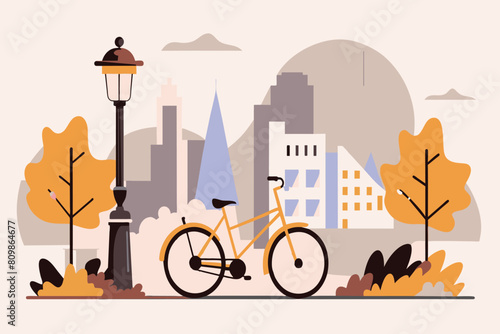 A serene autumn cityscape at twilight with a parked bicycle