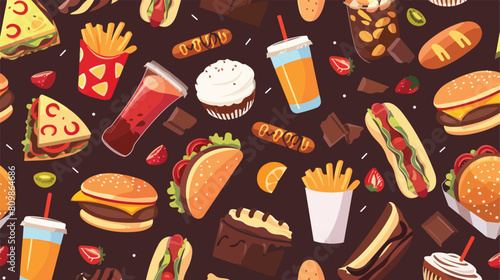 Seamless pattern with fast food meals snacks and drin photo