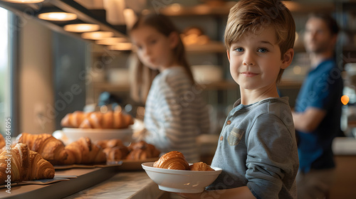 Real-life photo of a young boy happily holding a pastry with family in the background photo