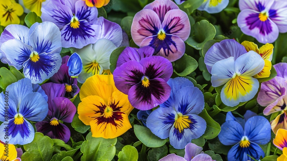 Fototapeta premium A vibrant assortment of pansies in purple, yellow, blue, and pink, surrounded by lush green leaves.