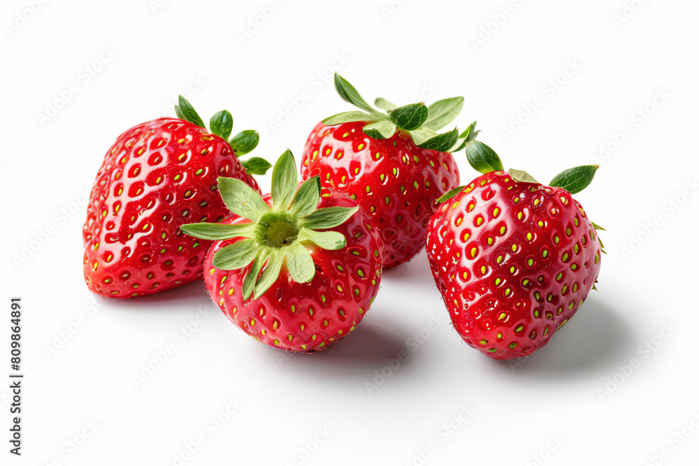 three strawberries are sitting on a white surface three strawberries are sitting on a white surface