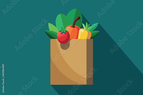 A shopping bag with healthy produce casts a shadow on teal