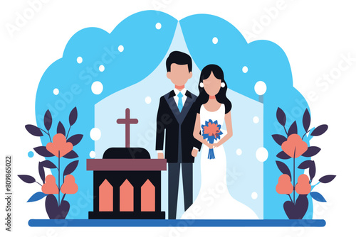 Newlyweds by the altar with floral decorations, sharing a special moment