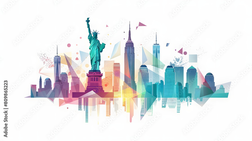 A harmonious and colorful abstract representation of the Statue of Liberty amidst the New York City skyline A harmonious and colorful abstract representation of the Statue of Liberty amidst the New York City skyline