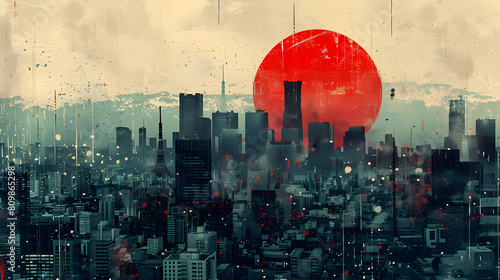 This atmospheric artwork showcases a city skyline with a foreboding red sun and rain, evoking a dystopian feel photo