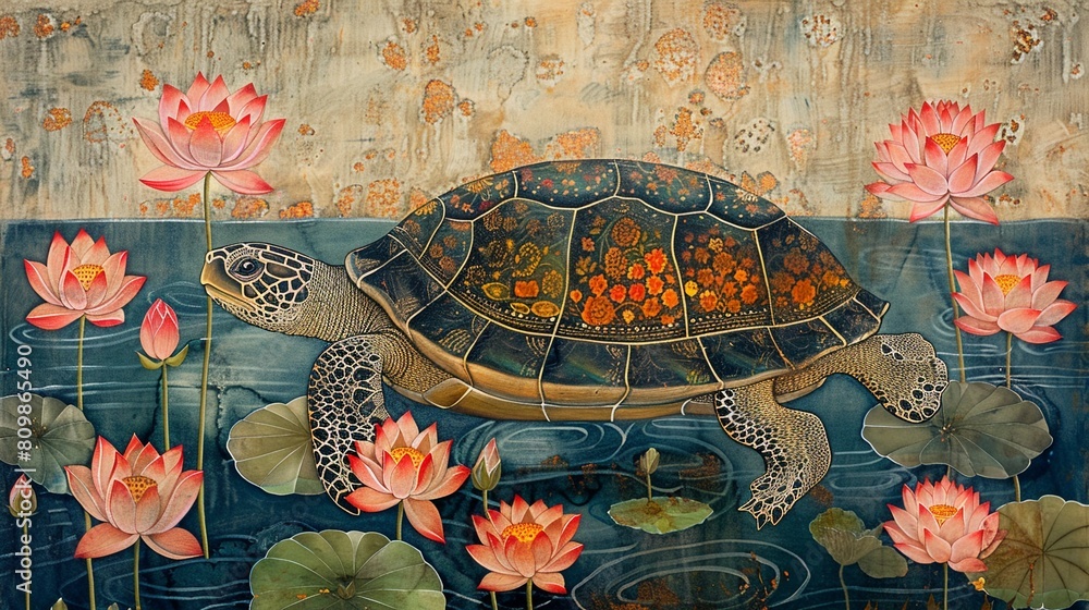 Traditional Madhubani Bharni style painting of a turtle, adorned with lotuses, wise and calm, serene lake