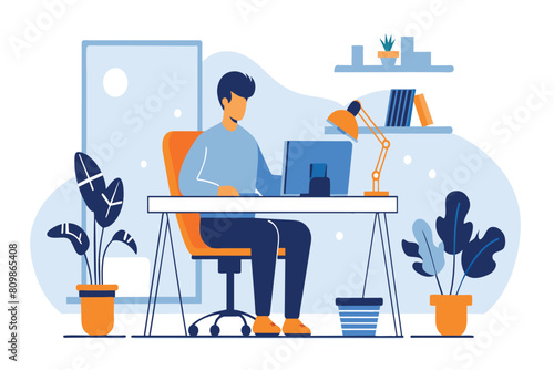 Casual telecommuter engages with laptop in a cozy, well-lit work space