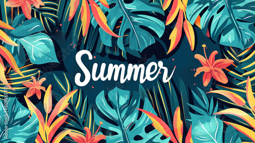 Summertime bright and positive illustration banner with exotic plants and fruits. Summer vacation and tropical season beautiful card design with palm leaves decoration and text    Summer   