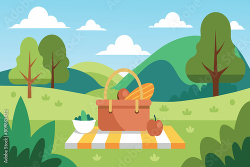 A basket full of snacks on a checkered blanket in the park