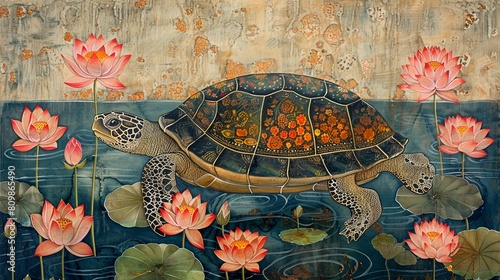Traditional Madhubani Bharni style painting of a turtle, adorned with lotuses, wise and calm, serene lake  photo
