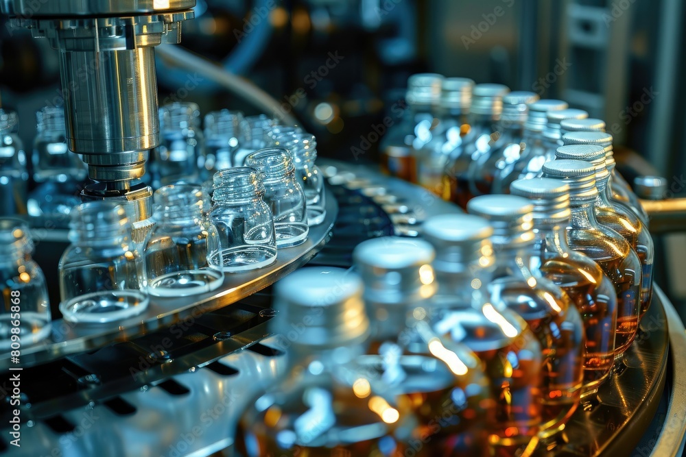 Capping Chaos A machine swiftly sealing each bottle with a secure cap Capping Chaos A machine swiftly sealing each bottle with a secure cap