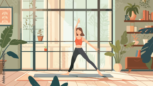 Happy yogini enjoying training on mat at home vector